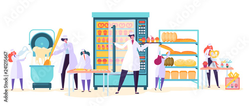 Bakery Factory Food Production Character. Bread Baker Machine Industry Plant. Worker Make Cake Dough in Modern Manufacture Confectionery Interior Flat Cartoon Vector Illustration Set