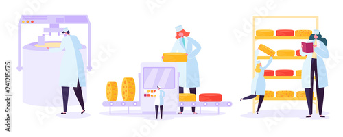 Cheese Food Production Factory Set. Commercial Character Making Dairy Machinery Process in Metal Tank. Milk Ripening Manufacturing Equipment Line Flat Cartoon Vector Illustration