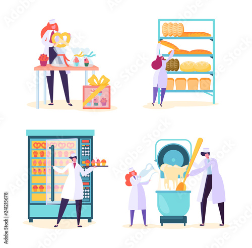 Bakery Factory Food Production Machine Set. Bread Baking Industry Equipment Collection with People Worker Character. Cake Dough in Modern Pastry Manufacture Flat Cartoon Vector Illustration