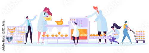Chicken Poultry Production Factory Machine Set. Commercial Character Making Egg Machinery Packing Process at Manufacture Line. Flowchart Equipment Flat Cartoon Vector Illustration