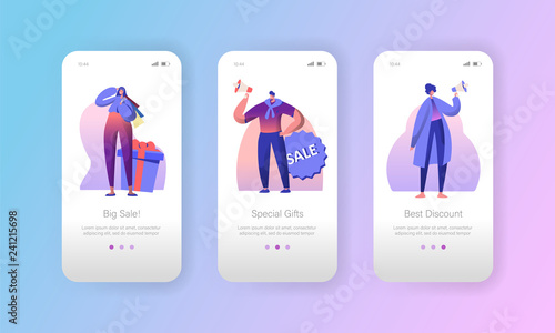 Sale Advertising Marketing Character Mobile App Page Onboard Screen Set. Woman and Man make Special Speaker Offer Announcement Concept for Website or Web Page. Flat Cartoon Vector Illustration
