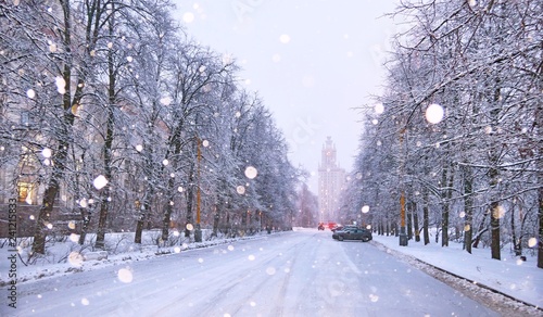 Romantic view of snowfall in white winter campus of famous Russian university with snowed evergreen trees