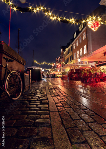 Canvas Print Nyhavn christmas market during night with colorful christmas decorations