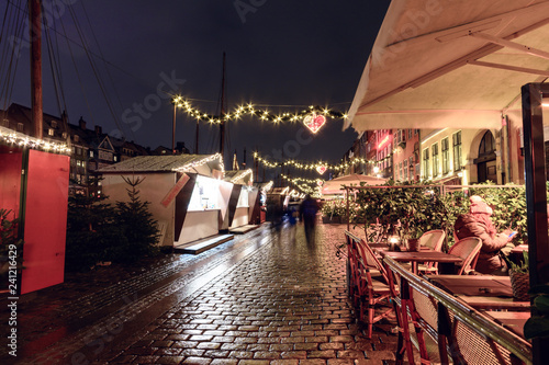 Photography Nyhavn christmas market during night with colorful christmas decorations