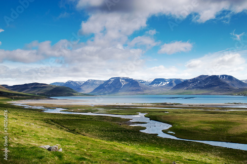 Thingeyri  (Þingeyri) is a settlement in the municipality of Ísafjarðarbær, Iceland. It is located on the coast of the fjord Dýrafjörður photo