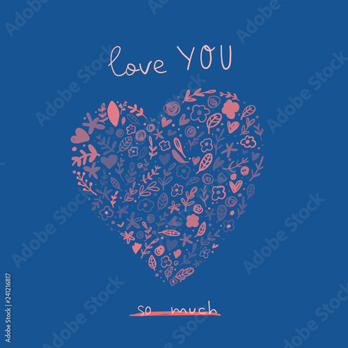 Love you greeting card with cute cartoon heart. Valentine Day Love poster concept.