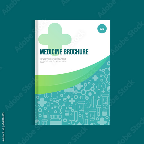 Blue medicine brochure for advertising with outline icons. Health layout concept