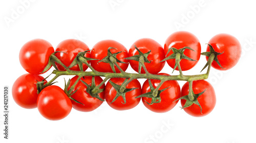 Closeup branch of fresh ripe tomatoes isolated on white. Top view.