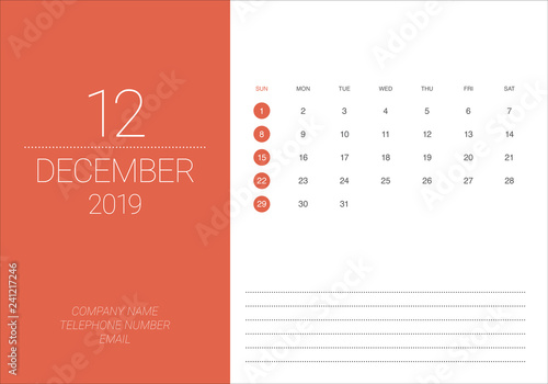 December 2019 desk calendar vector illustration