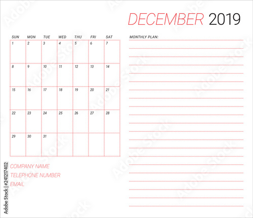 December 2019 desk calendar vector illustration