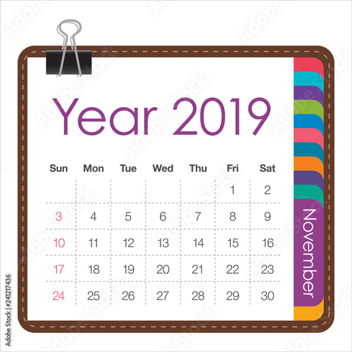 November 2019 monthly calendar vector illustration
