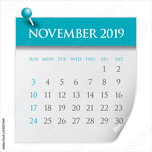 November 2019 monthly calendar vector illustration