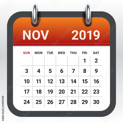 November 2019 monthly calendar vector illustration