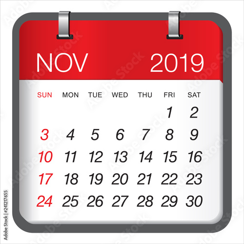 November 2019 monthly calendar vector illustration