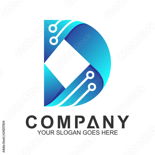 letter D logo with electronic circuit icons