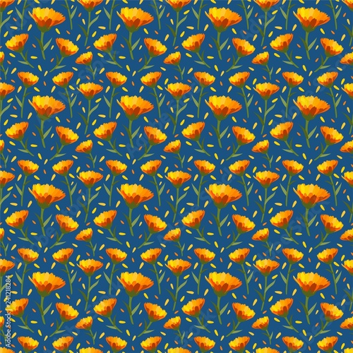 Wallpaper Mural Yellow Calendula flower on nature blue background vector seamless pattern Torontodigital.ca