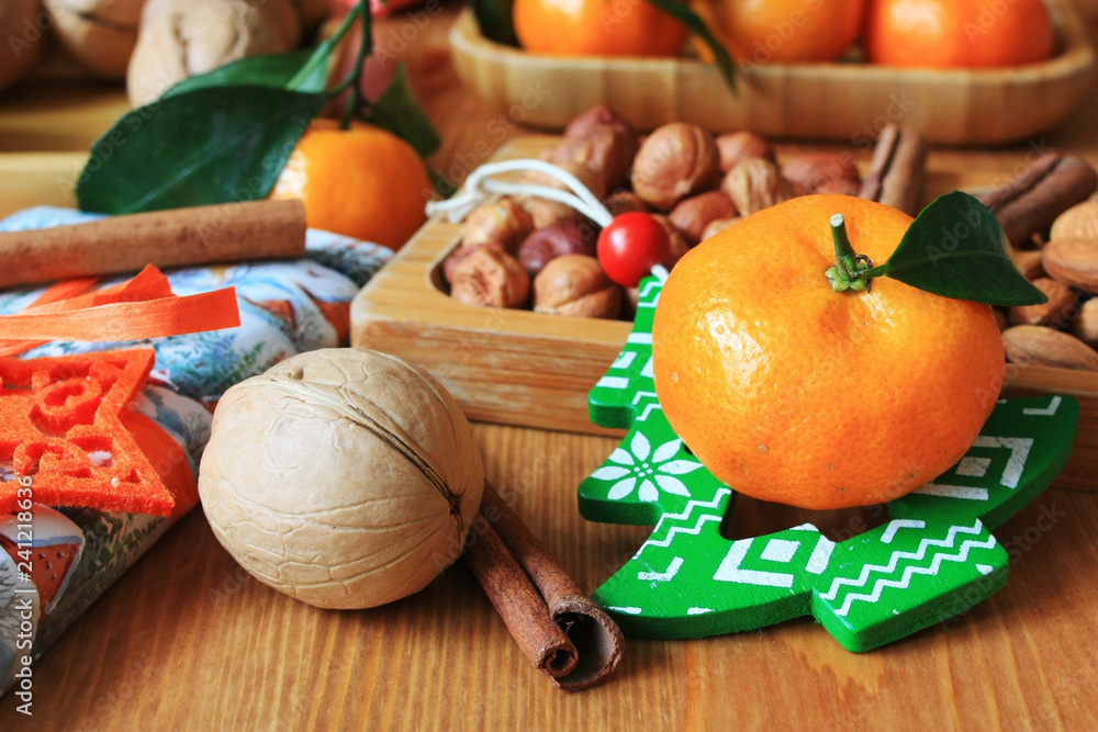 Tangerines, nuts and New Year's gifts Tangerines, nuts and New Year's gifts