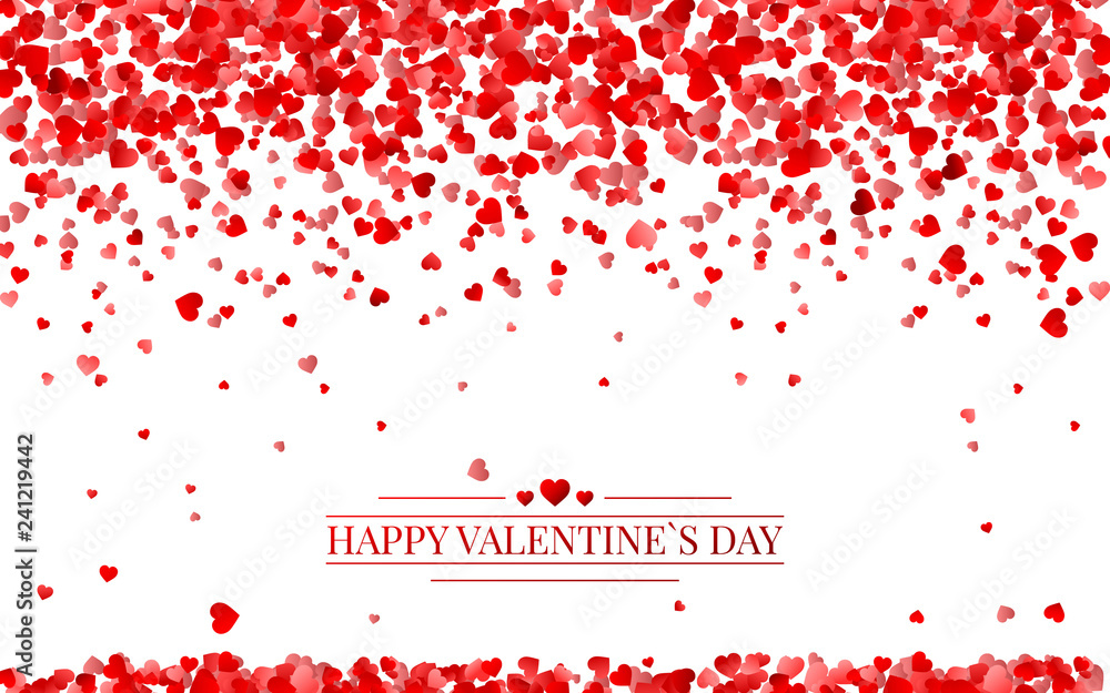 Red pattern of random falling hearts confetti. Border design element for festive banner, greeting card, postcard, wedding invitation, Valentines day and save the date card. Vector illustration Red pattern of random falling hearts confetti. Border design element for festive banner, greeting card, postcard, wedding invitation, Valentines day and save the date card. Vector illustration