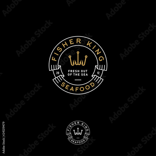 Fishing logo. Fisher Club emblem. Fishing sport club. Hooks like a crown and letters. Monochrome option.
