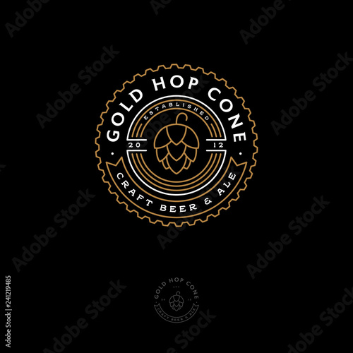 Beer Pub emblem. Hop cone logo. Craft beer and ale logotype. Engraving style