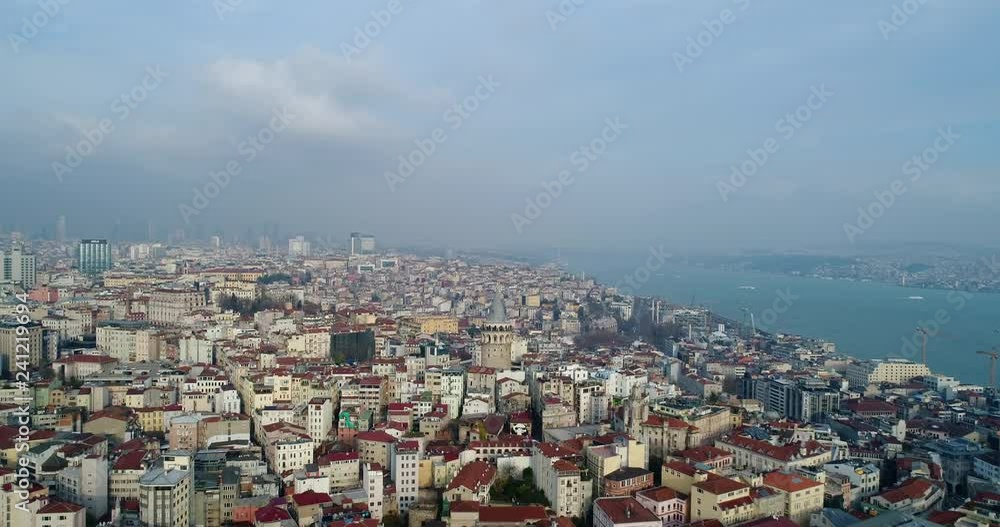 Aerial drone shot from above, city centre, downtown. European part of the city. Galata tower in Istanbul, Turkey. 4K Aerial Cinematic Footage Aerial drone shot from above, city centre, downtown. European part of the city. Galata tower in Istanbul, Turkey. 4K Aerial Cinematic Footage