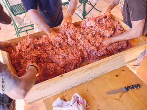 Crop hands mixing minced meat with spices photo