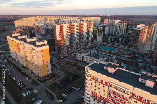 Aerial view of urban real estate in New Vatutinki district, Troitsk region, Russia. Beautiful landscape view from birds sight photo