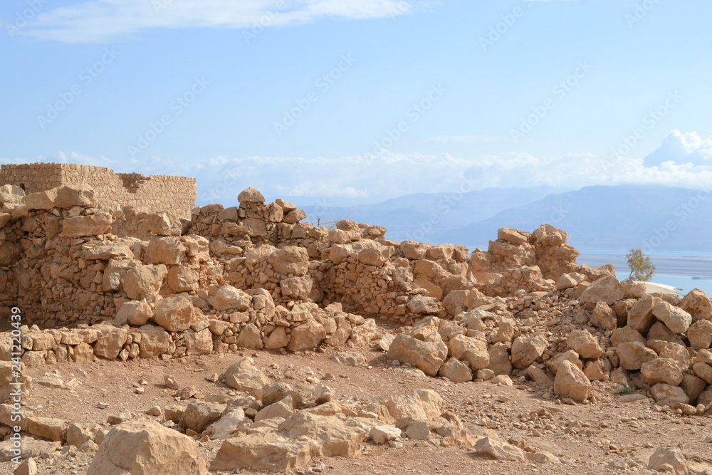 Masada - ancient fortification, desert fortress of Herod in Judean desert, view of dead sea, Israel