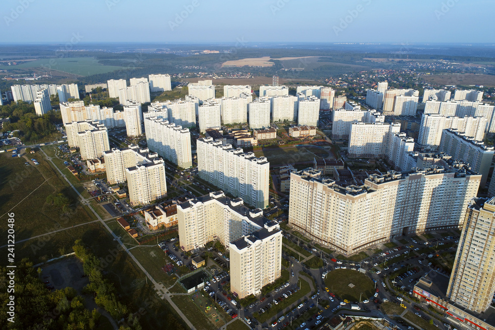 Obraz premium Aerial view of urban real estate from birds sight. Kuznechiki district, Podolsk region, Russia