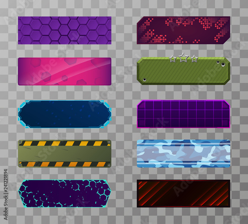 Set of 10 gaming panels in various styles. Symmetric twitch panels for streamers. Military, modern, futuristic, retro design. Eps10 vector