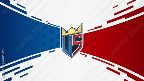 Versus screen concept. Vs sticker monogram with crown. Red and blue teams confrontation. Dynamic background with layered paper texture. Eps10 vector