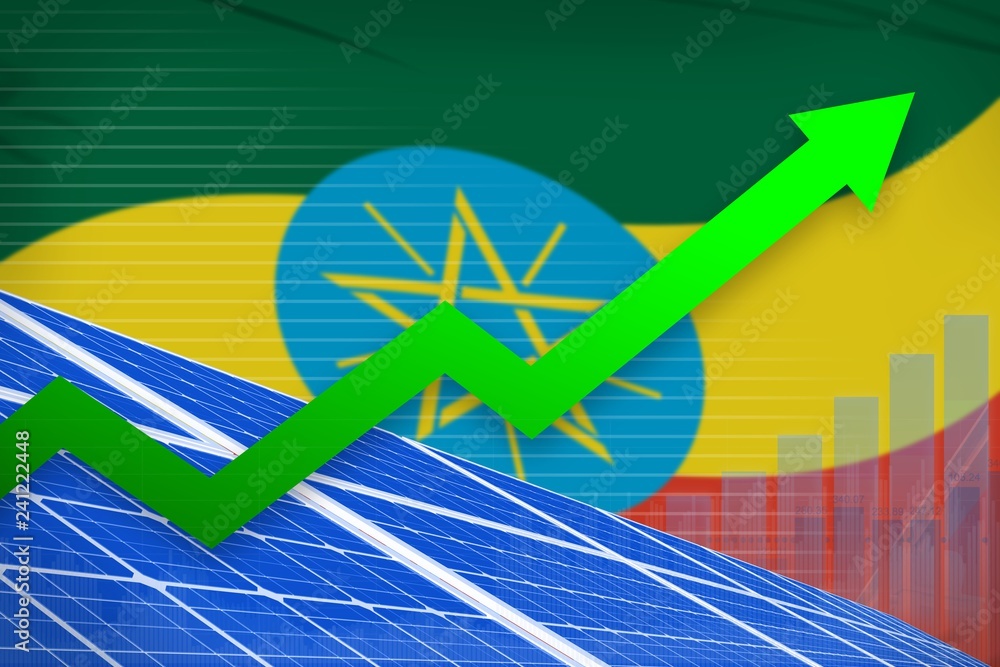 Fototapeta premium Ethiopia solar energy power rising chart, arrow up - alternative natural energy industrial illustration. 3D Illustration
