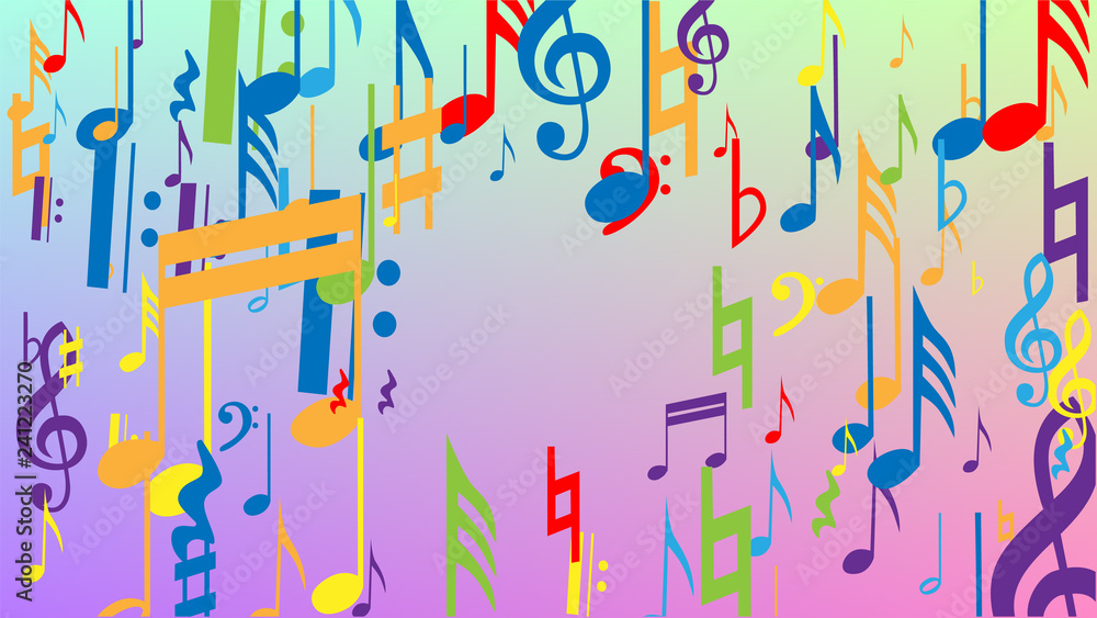 Random Musical Notes Image Disco Background. Many Random Falling Notes, Bass and, G Clef. Colorful ...