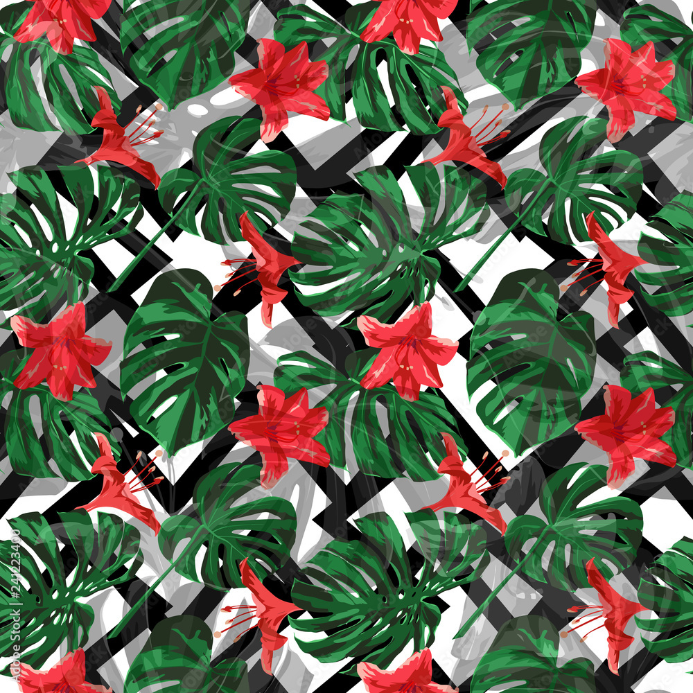 Fototapeta Tropical Plants. Summer Design for Swimwear. Exotic Palm Greenery Backdrop. Repeat Illustration. Vector Tropical Plants Print.