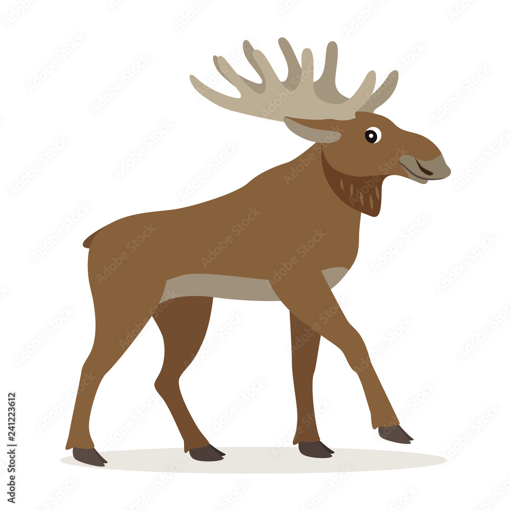 Cute forest animal, friendly moose with big horns, woodland beast ...