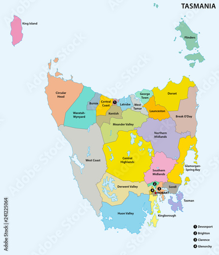 Administrative and political map of the 29 Local government areas of Tasmania, Australia