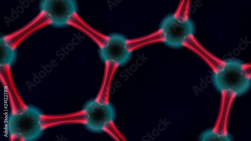 3D illustration, abstract background. The image of graphene, carbon molecules, atoms stacked hexagon. Red glow around the atom. 3D rendering on a dark background.