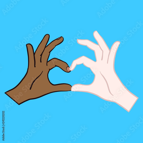 Hand-drawn vector comic hands of a fair-skinned woman and a dark-skinned woman forming a heart and symbolizing love. White, red, blue, purple, heart, isolated graphic.