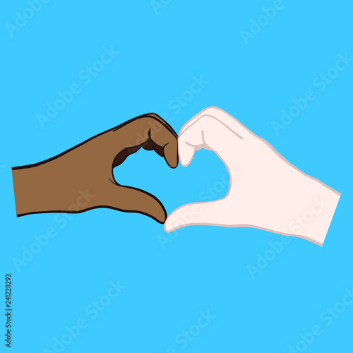 Hand-drawn vector comic hands of a fair-skinned woman and a dark-skinned woman forming a heart and symbolizing love. White, red, blue, purple, heart, isolated graphic.