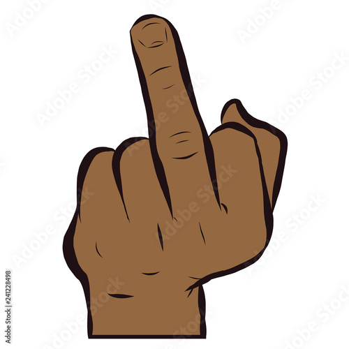 Hand drawn vector comic hand of a dark-skinned man showing the middle finger. withe background