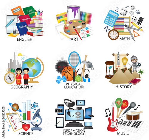 Education subject icon set - English, Art, Math, Geography, Physical Education, History, Science, Information Technology and Music