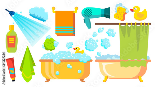 Take A Shower, Bath Icons Vector. Accessories Hairdryer, Shampoo, Towel, Foam. Isolated Flat Cartoon Illustration