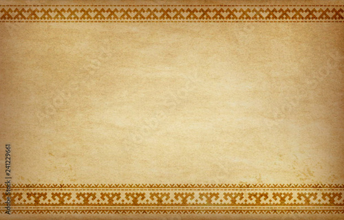 Piece of parchment with ethnic ornaments of northern nations. Geometric native borders. Banner, background with copy place.