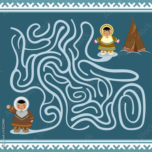 Maze game for children with cartoon kids characters. Northern kids in ethnic winter clothes. Help the boy to get to his sister and their dwelling. Northern seamless ornament with included pattern brus