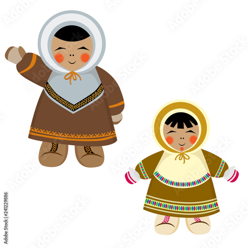 Northern kids characters in ethnic winter clothes. Male and female icons of Northerns.