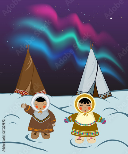 Northern people characters in ethnic winter clothes. Polar night background with North native dwellings, dark starry sky, polar lights. Objects in groups.