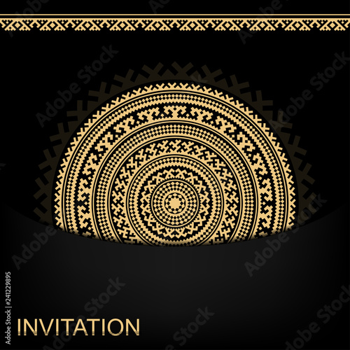 Template for card, invitation, banner. Round geometric ethnic ornaments of northern nations. Business colors. Copy space. Pattern brushes included in EPS file.