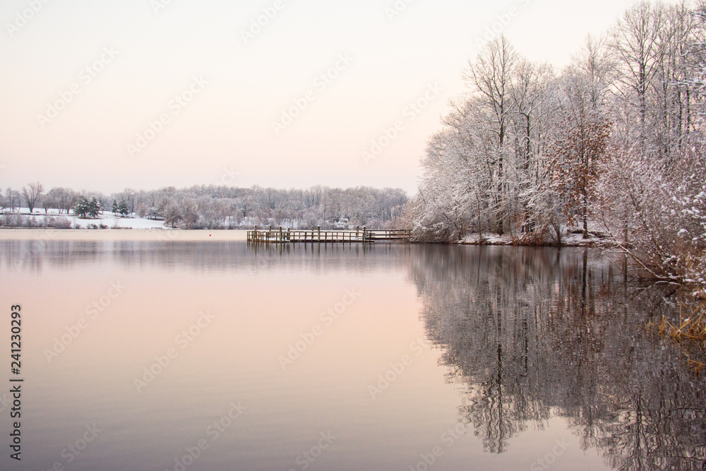 Winter lake with trees reflections