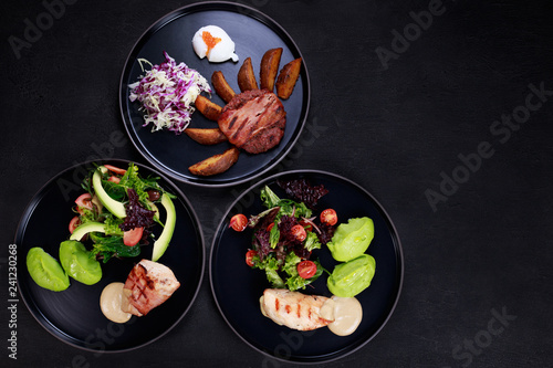 breakfast food, business lunch variety, restaurant menu photo, set of delicious nourishing morning meals, flat lay