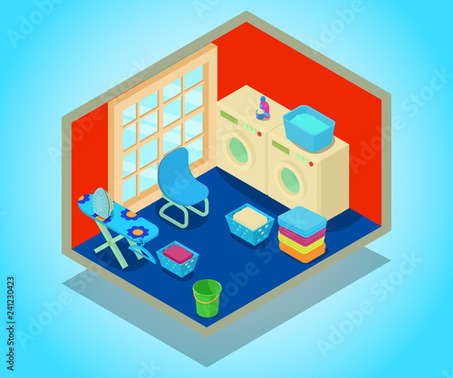 Washable concept banner. Isometric banner of washable vector concept for web, giftcard and postcard
